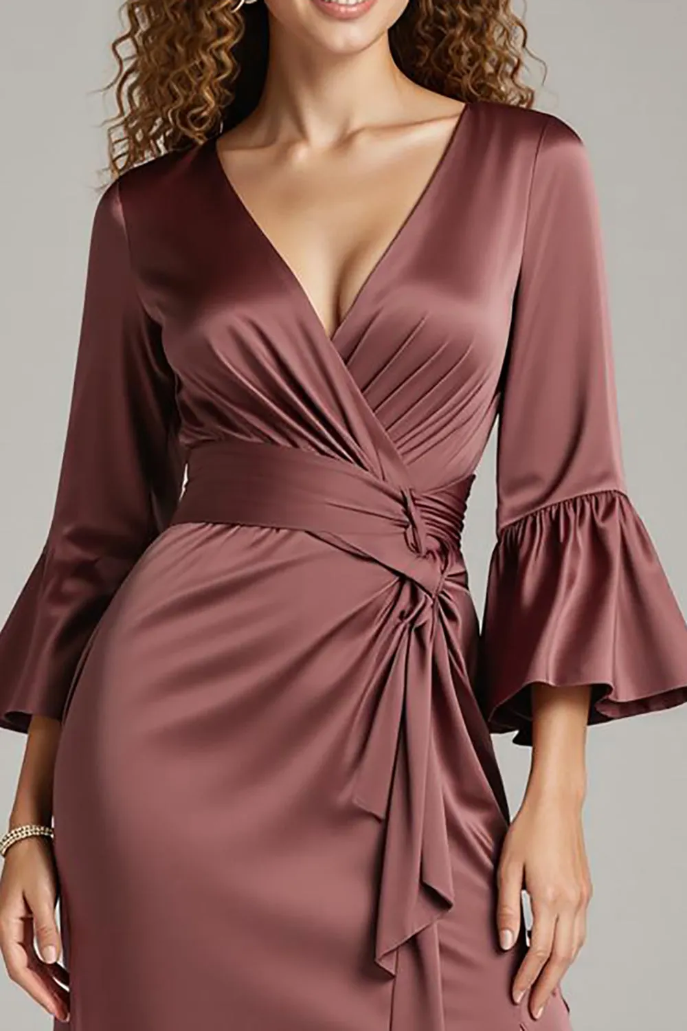 Coffee Satin Sheath V-Neck Long Formal Dress with Slit sold by Zapaka product image thumbnail 3
