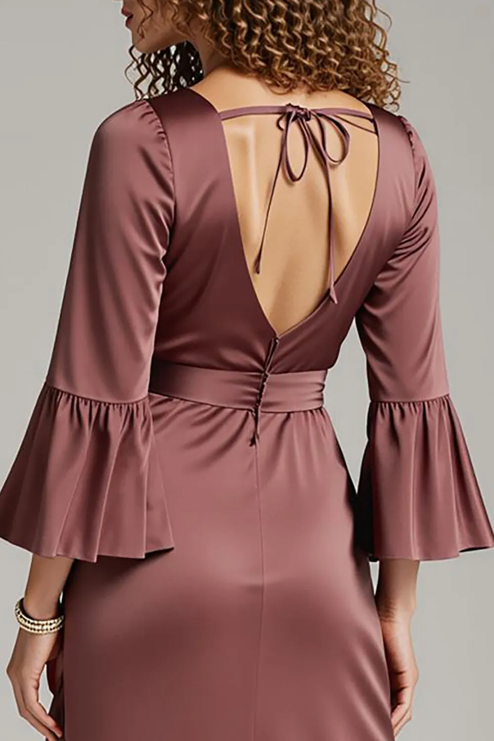 Coffee Satin Sheath V-Neck Long Formal Dress with Slit sold by Zapaka product image thumbnail 4