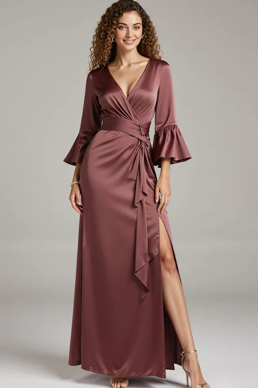 Coffee Satin Sheath V-Neck Long Formal Dress with Slit sold by Zapaka