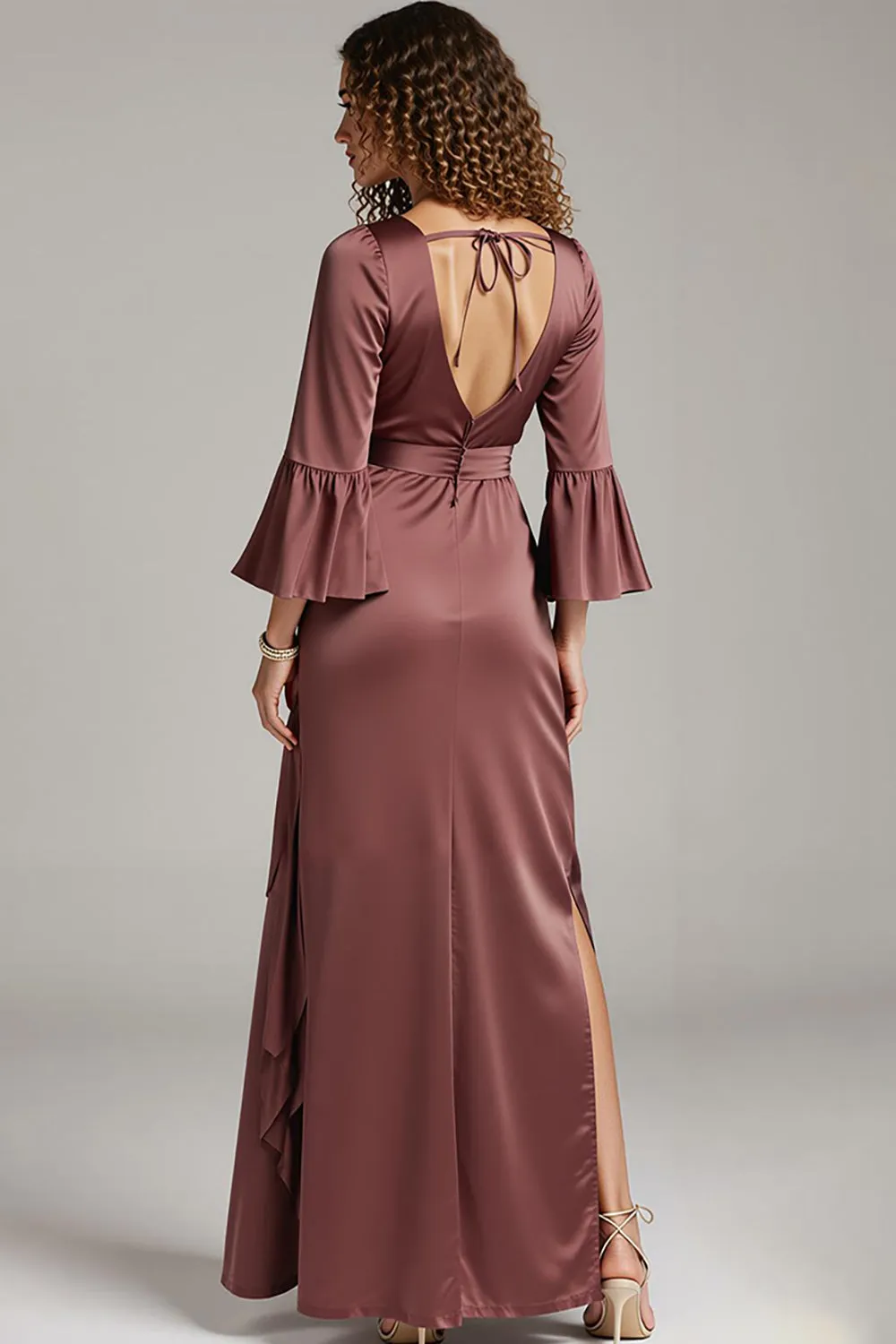 Coffee Satin Sheath V-Neck Long Formal Dress with Slit sold by Zapaka product image thumbnail 2