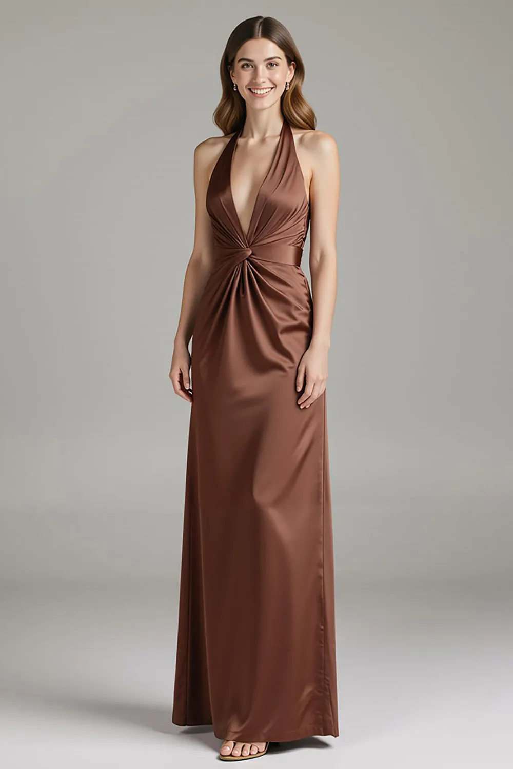 Coffee Sheath Satin Halter Long Formal Dress sold by Zapaka