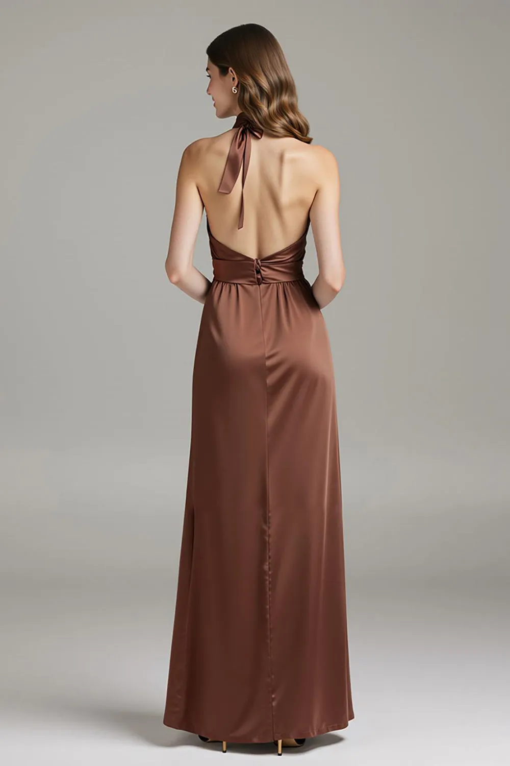 Coffee Sheath Satin Halter Long Formal Dress sold by Zapaka product image thumbnail 2