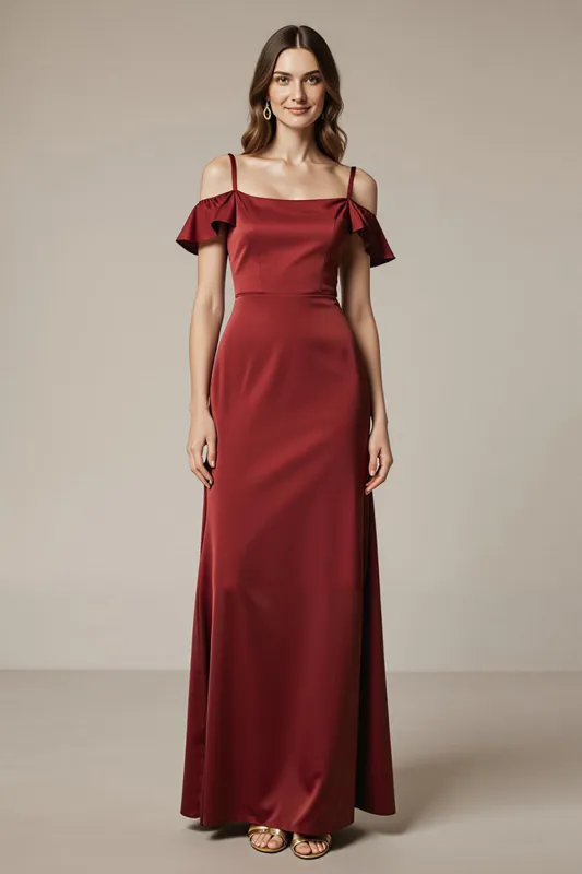 Red Cold Shoulder Satin Sheath Long Formal Dress sold by Zapaka