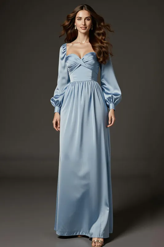 Light Blue Satin Sheath Sweetheart Long Formal Dress with Sleeves made by Zapaka