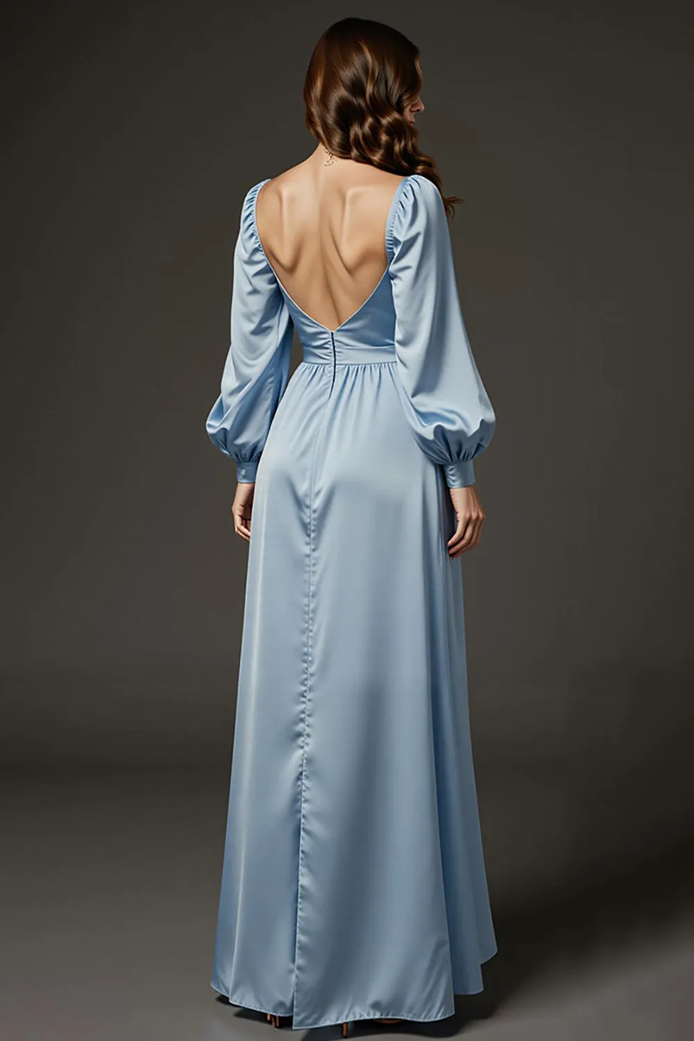 Light Blue Satin Sheath Sweetheart Long Formal Dress with Sleeves sold by Zapaka product image thumbnail 2