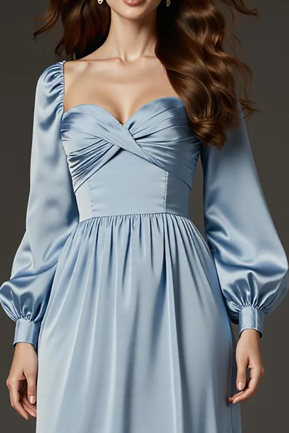Light Blue Satin Sheath Sweetheart Long Formal Dress with Sleeves sold by Zapaka product image thumbnail 3