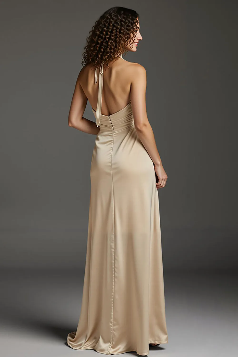 Champagne Satin Halter Sheath Long Formal Dress with Pockets sold by Zapaka product image thumbnail 2