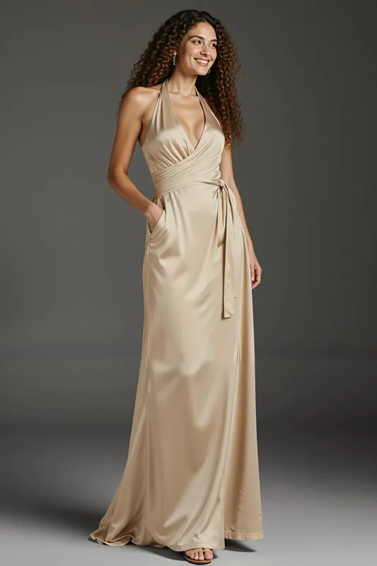 Champagne Satin Halter Sheath Long Formal Dress with Pockets sold by Zapaka