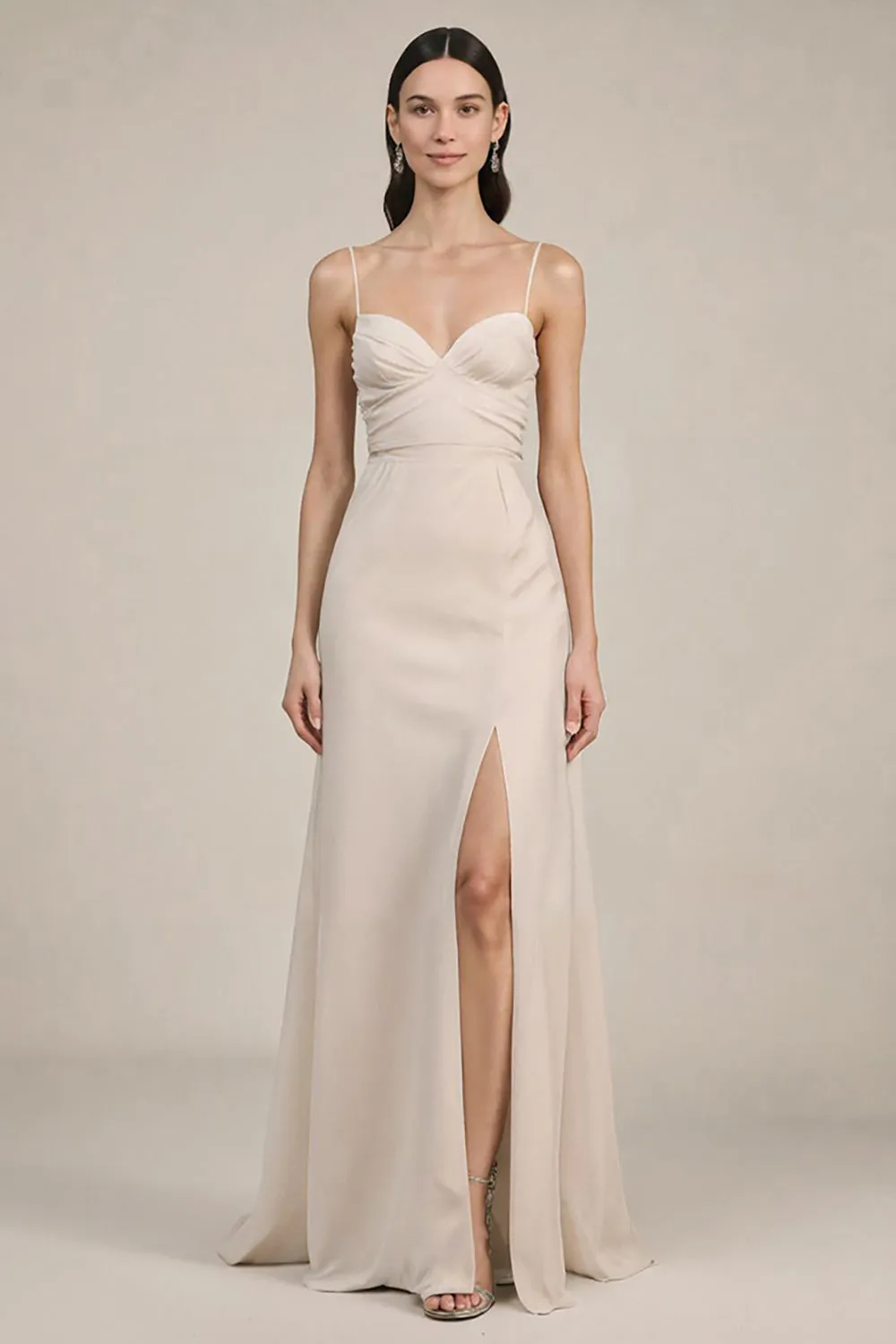 Ivory Sheath Spaghetti Straps Long Formal Dress with Slit sold by Zapaka