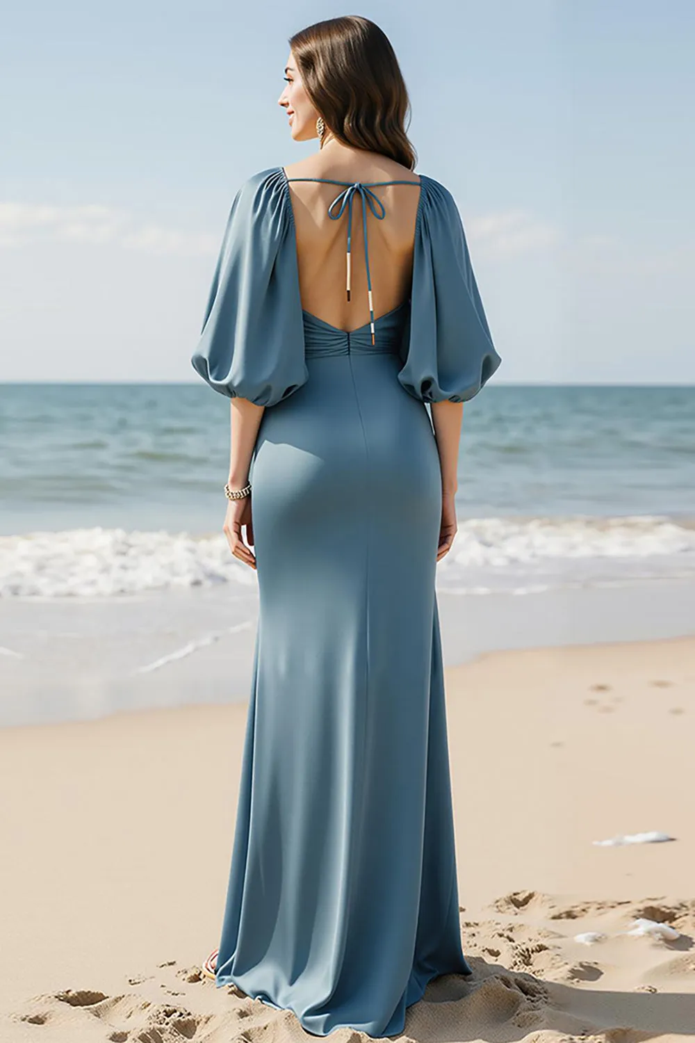 Sky Blue V-Neck Satin Sheath Long Formal Dress with Slit sold by Zapaka product image thumbnail 2