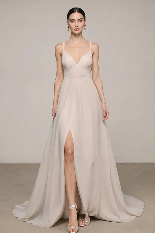 Ivory A Line V-Neck Long Formal Dress with Slit sold by Zapaka