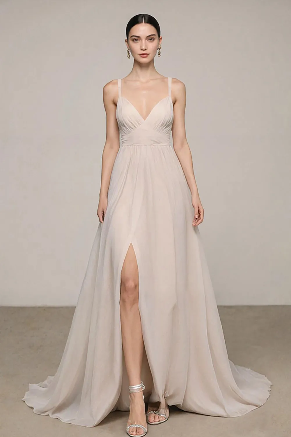 Ivory A Line V-Neck Long Formal Dress with Slit sold by Zapaka