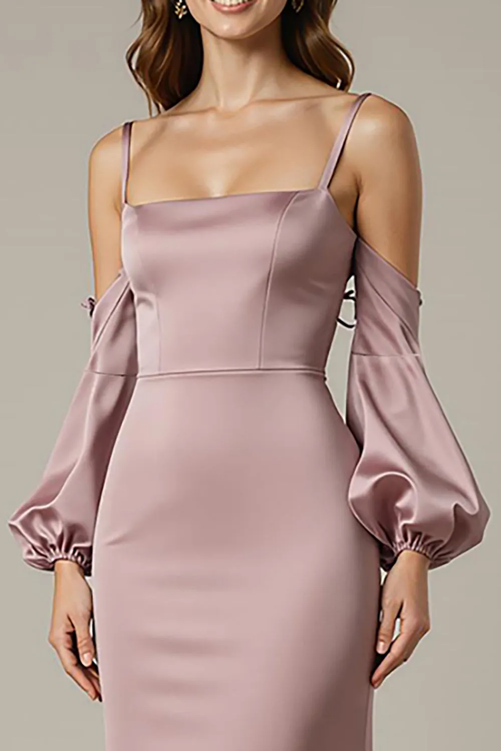 Light Pink Mermaid Satin Long Formal Dress with Sleeves sold by Zapaka product image thumbnail 3