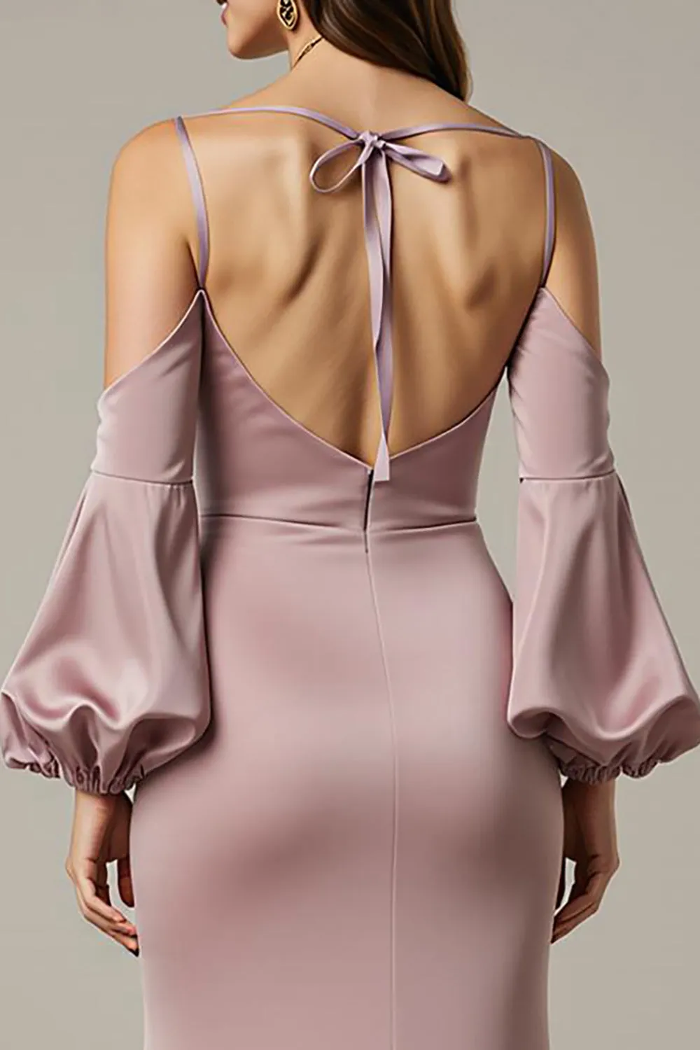 Light Pink Mermaid Satin Long Formal Dress with Sleeves sold by Zapaka product image thumbnail 4