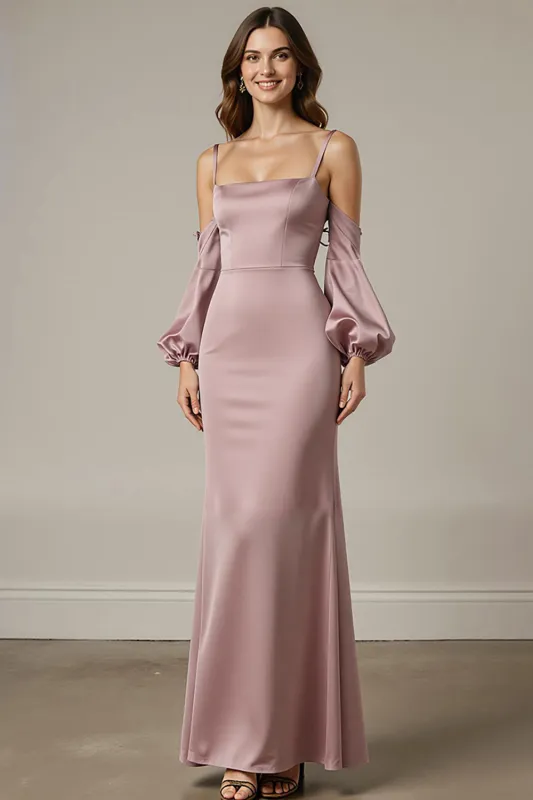 Light Pink Mermaid Satin Long Formal Dress with Sleeves sold by Zapaka