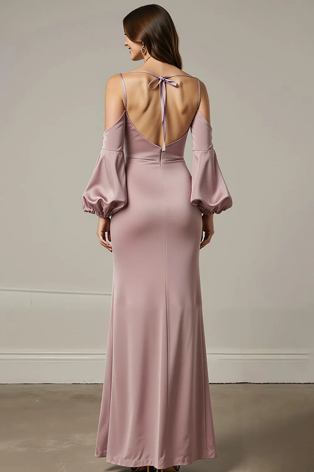 Light Pink Mermaid Satin Long Formal Dress with Sleeves sold by Zapaka product image thumbnail 2