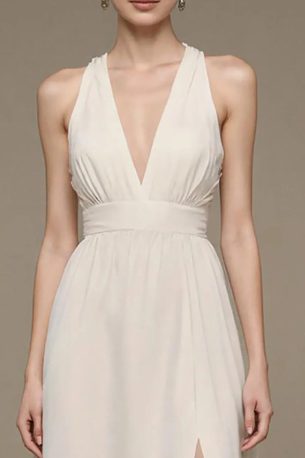 V-Neck Ivory A Line Long Formal Dress with Slit sold by Zapaka product image thumbnail 3