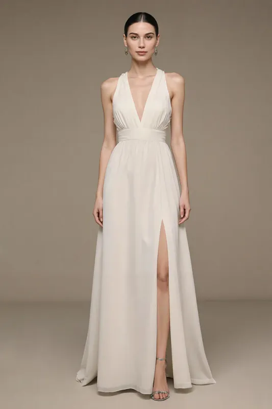 V-Neck Ivory A Line Long Formal Dress with Slit made by Zapaka
