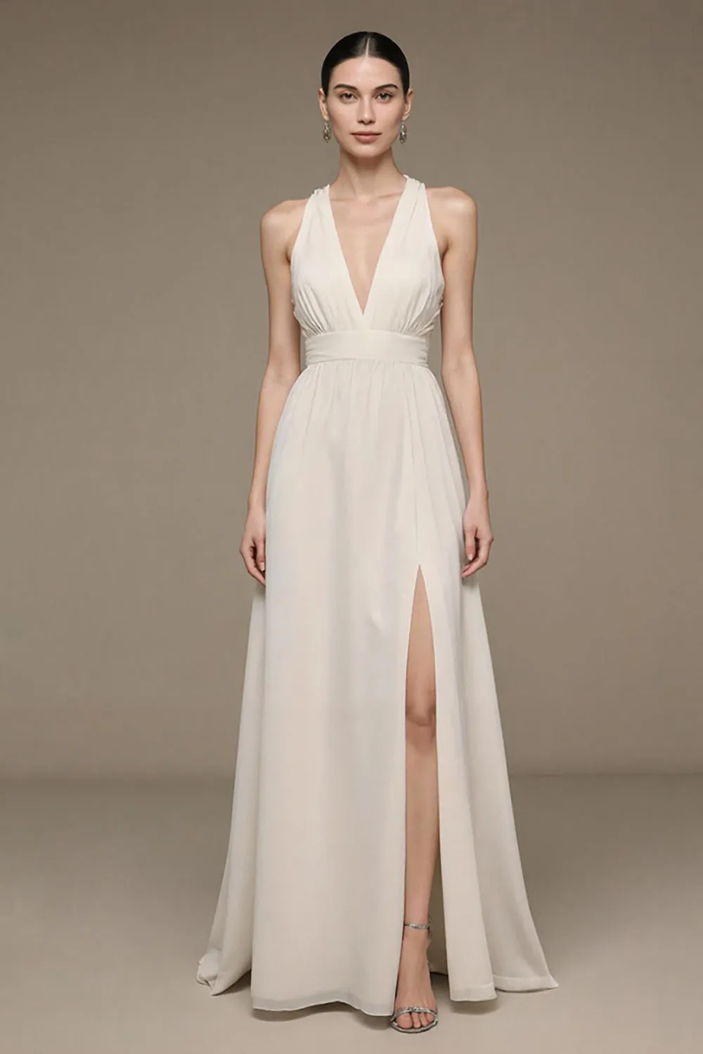 V-Neck Ivory A Line Long Formal Dress with Slit sold by Zapaka