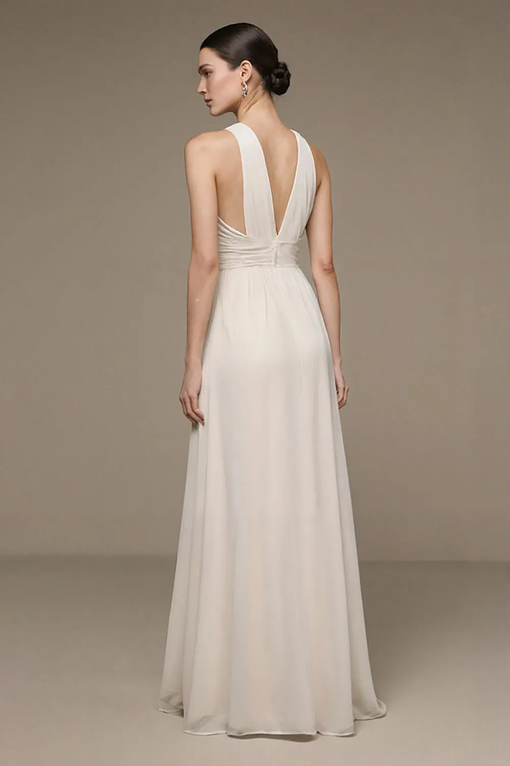 V-Neck Ivory A Line Long Formal Dress with Slit sold by Zapaka product image thumbnail 2