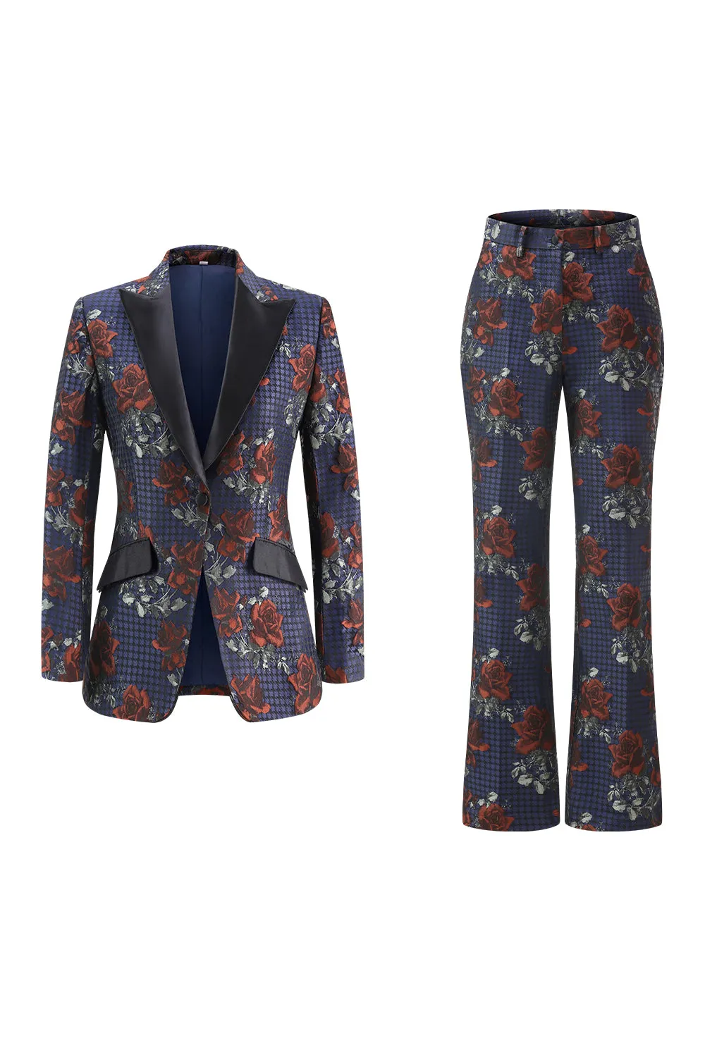 Blue Red Floral One Button Peak Lapel Women Suits sold by Zapaka