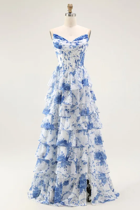 Blue White Flower A-Line Tiered Corset Long Prom Dress with Slit sold by Zapaka