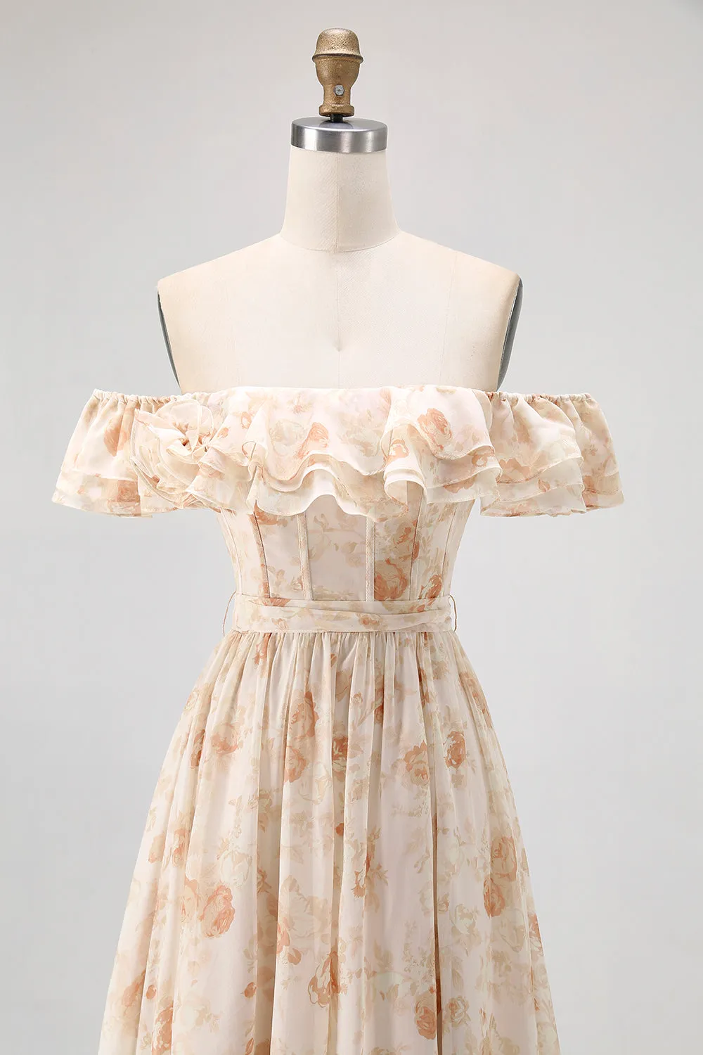 Champagne Flower Off The Shoulder Corset A-Line Bridesmaid Dress With Slit sold by Zapaka product image thumbnail 4