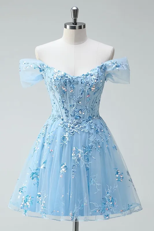 Sparkly Sky Blue Off The Shoulder A-Line Corset Homecoming Dress sold by Zapaka