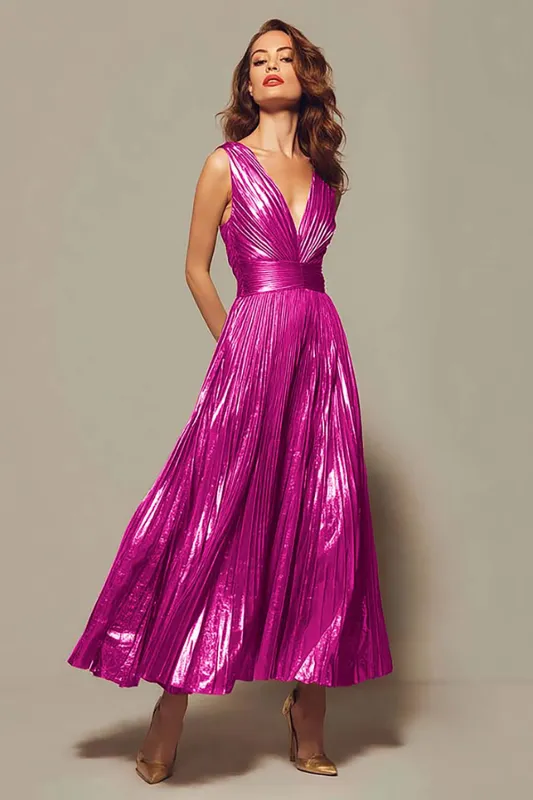 Fuchsia A-Line Metallic Pleated V-Neck Formal Dress sold by Zapaka
