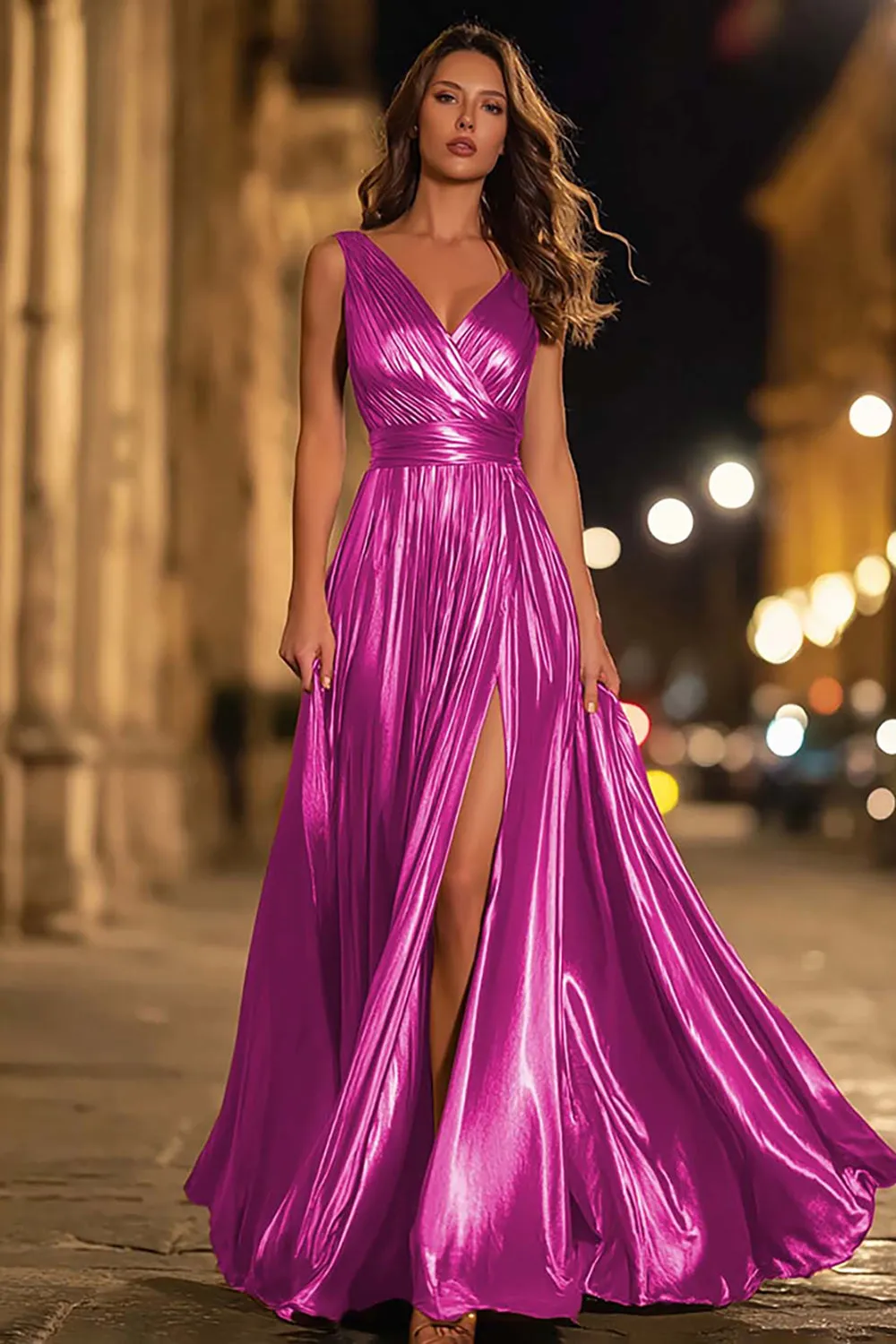 Metallic V-Neck A-Line Gold Long Formal Dress With Slit sold by Zapaka product image thumbnail 4
