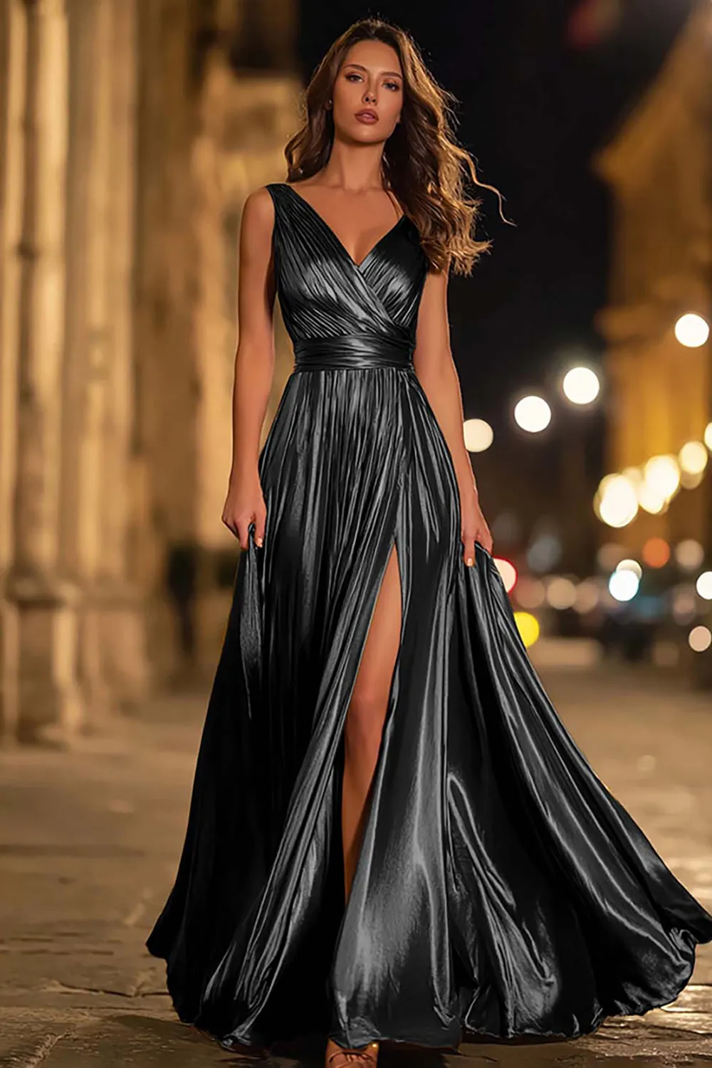 Metallic V-Neck A-Line Gold Long Formal Dress With Slit sold by Zapaka product image thumbnail 3