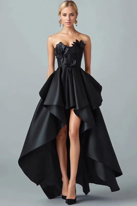 Sparkly Black High-Low A-Line Strapless 3D Flowers Ruffle Satin Formal Dress sold by Zapaka