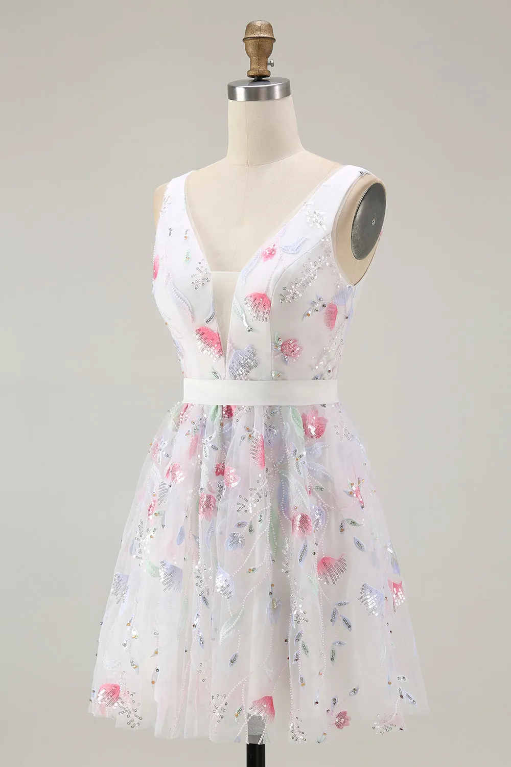 Sparkly Floral White V-Neck Backless A Line Sequin Homecoming Dress sold by Zapaka product image thumbnail 3