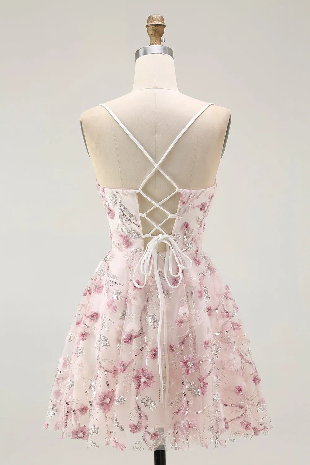 Pink Floral Sequins A Line Short Homecoming Dress with Lace Up Back sold by Zapaka product image thumbnail 2