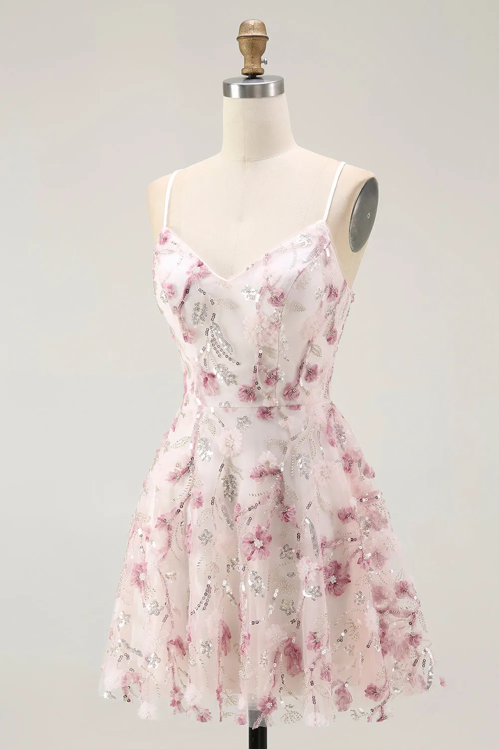 Pink Floral Sequins A Line Short Homecoming Dress with Lace Up Back sold by Zapaka product image thumbnail 3