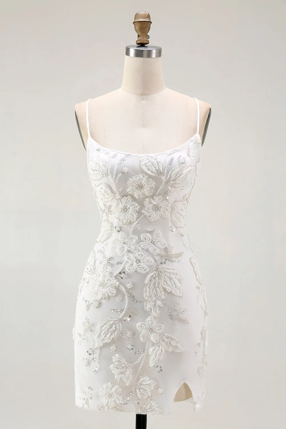 White Bodycon Spaghetti Straps Appliqued Homecoming Dress with Slit sold by Zapaka