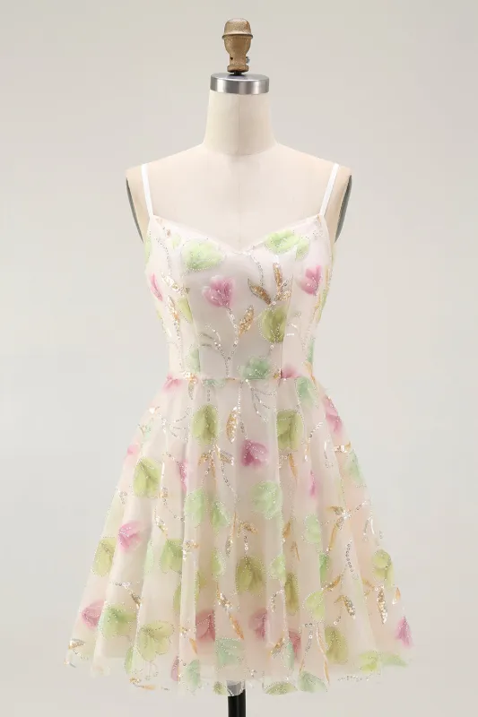 Apricot Floral Sequin A Line Mini Homecoming Dress sold by Zapaka