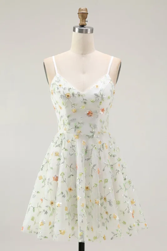 Green Floral A Line Spaghetti Straps Short Homecoming Dress sold by Zapaka