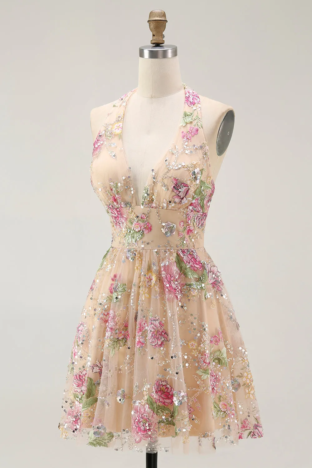 Sparkly Halter Floral Champagne A Line Halter Sequins Homecoming Dress sold by Zapaka product image thumbnail 3