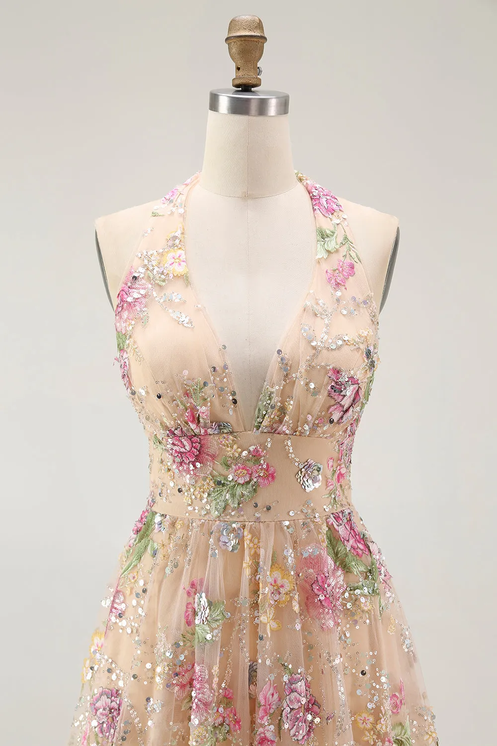 Sparkly Halter Floral Champagne A Line Halter Sequins Homecoming Dress sold by Zapaka product image thumbnail 4