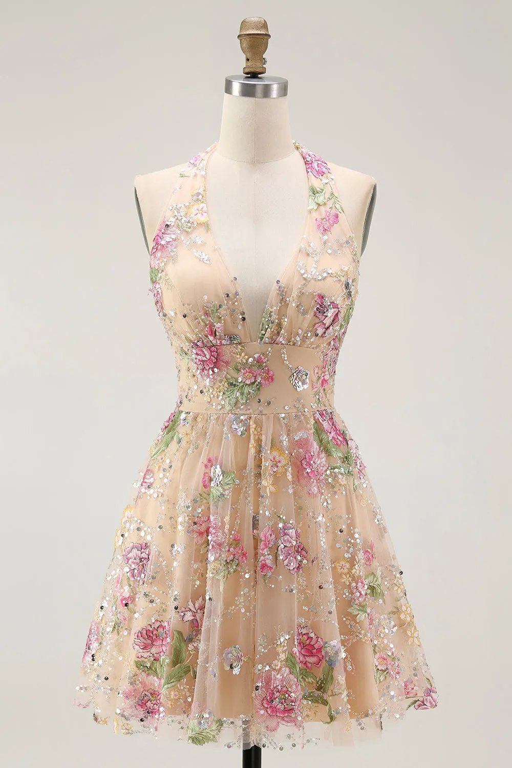Sparkly Halter Floral Champagne A Line Halter Sequins Homecoming Dress sold by Zapaka