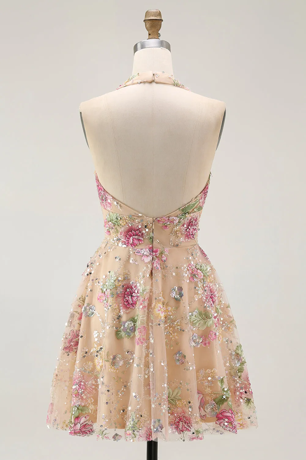 Sparkly Halter Floral Champagne A Line Halter Sequins Homecoming Dress sold by Zapaka product image thumbnail 2