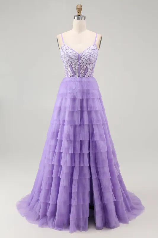 Purple A Line Tiered Beaded Corset Long Prom Dress with Slit sold by Zapaka