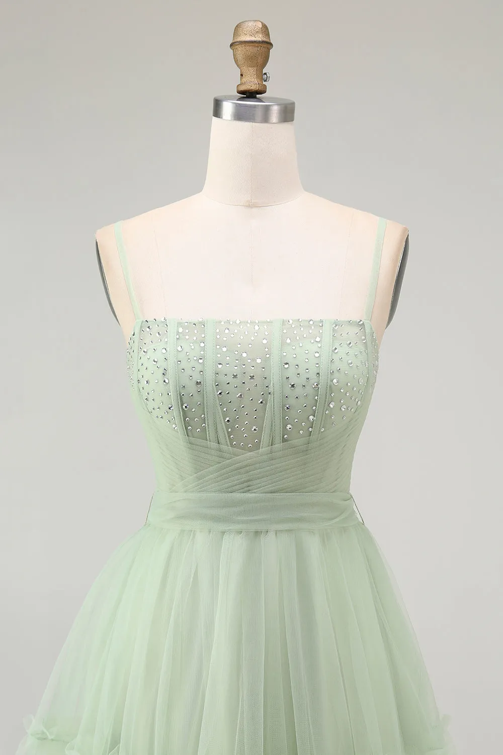 Green A Line Beaded Tulle Corset Long Prom Dress with Lace Up Back sold by Zapaka product image thumbnail 4