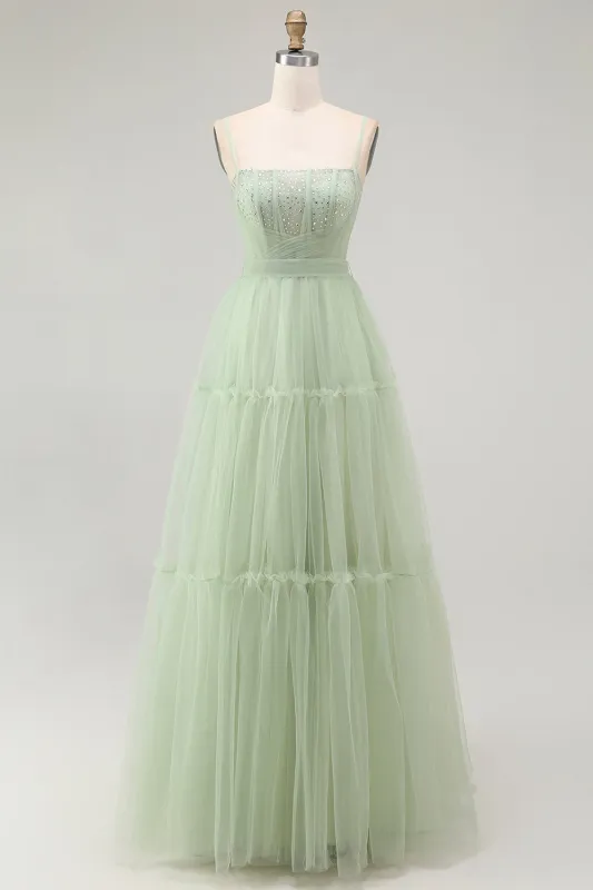Green A Line Beaded Tulle Corset Long Prom Dress with Lace Up Back sold by Zapaka