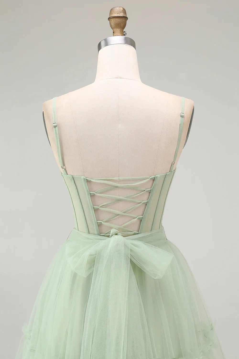 Green A Line Beaded Tulle Corset Long Prom Dress with Lace Up Back sold by Zapaka product image thumbnail 5