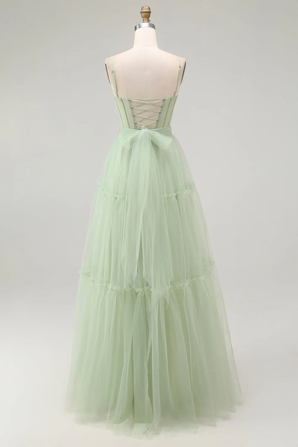 Green A Line Beaded Tulle Corset Long Prom Dress with Lace Up Back sold by Zapaka product image thumbnail 2