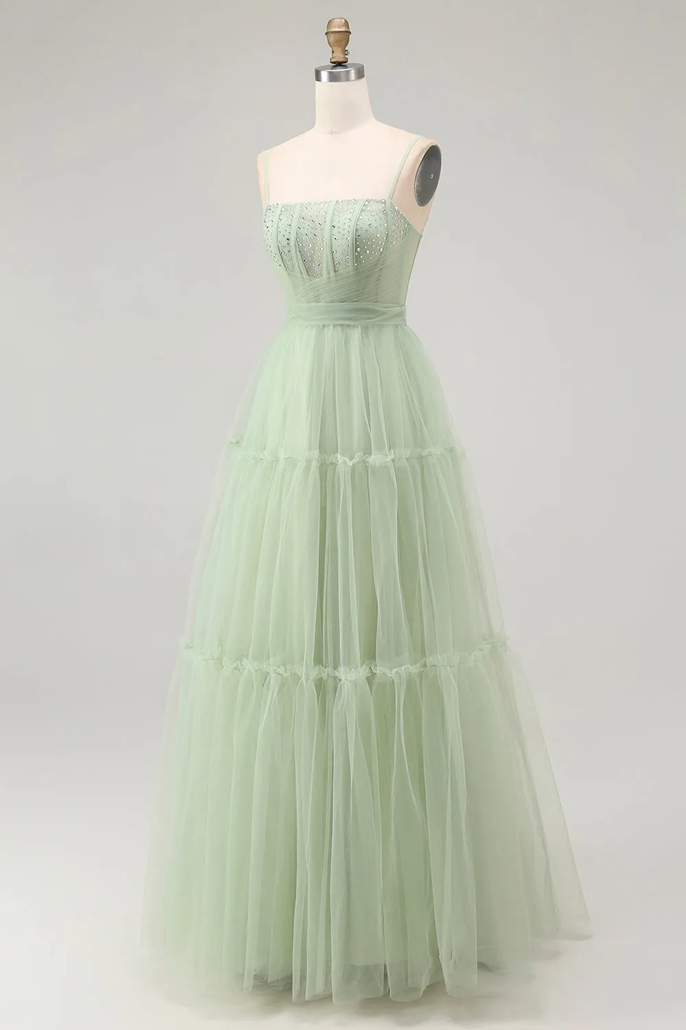Green A Line Beaded Tulle Corset Long Prom Dress with Lace Up Back sold by Zapaka product image thumbnail 3