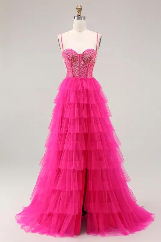 Fuchsia Corset A Line Spaghetti Straps Beaded Tiered Prom Dress with Slit sold by Zapaka