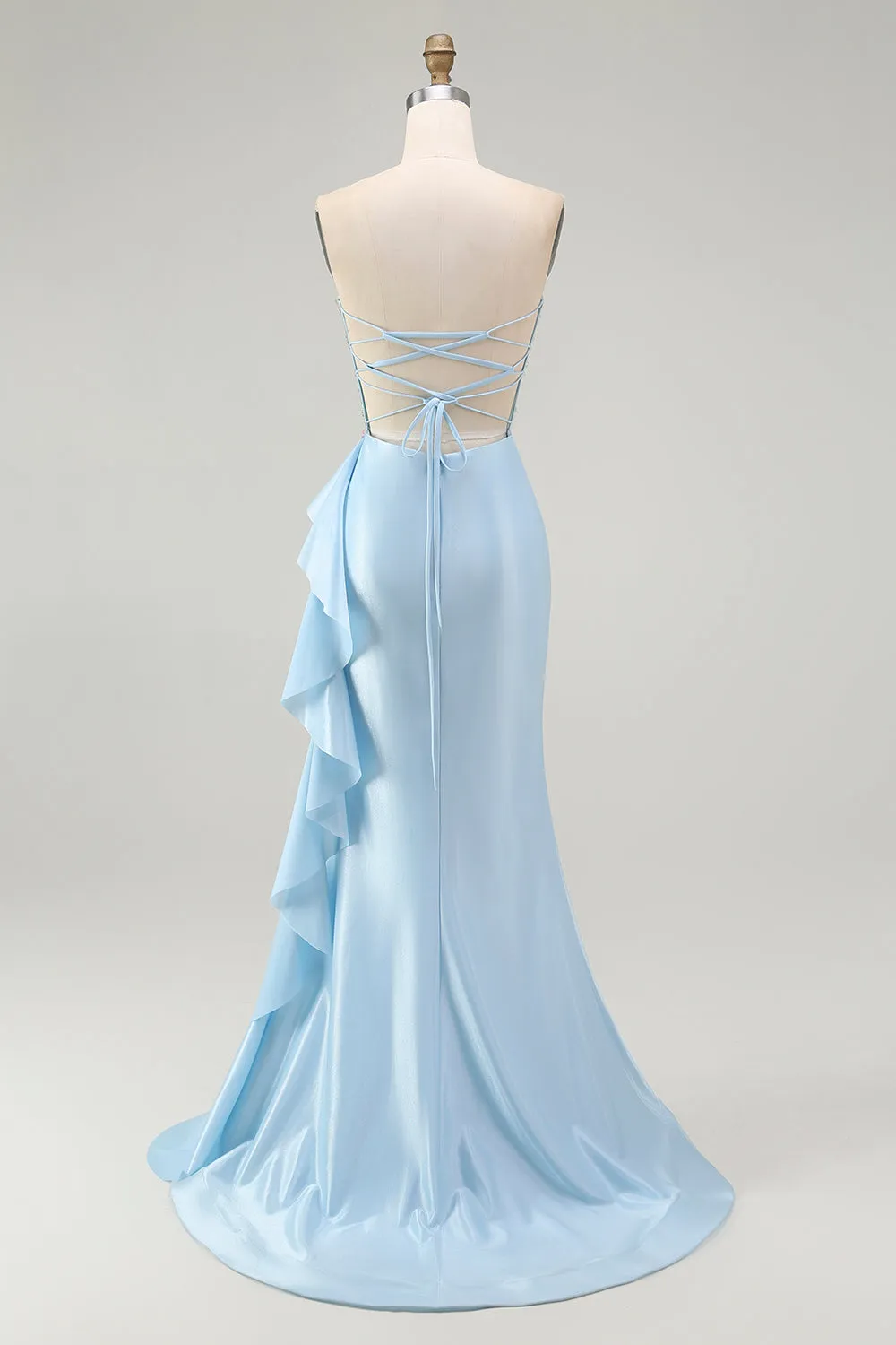 Sparkly Light Blue Strapless Corset Mermaid Beaded Long Prom Dress with Slit sold by Zapaka product image thumbnail 2